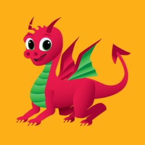 Red dragon character on yellow background